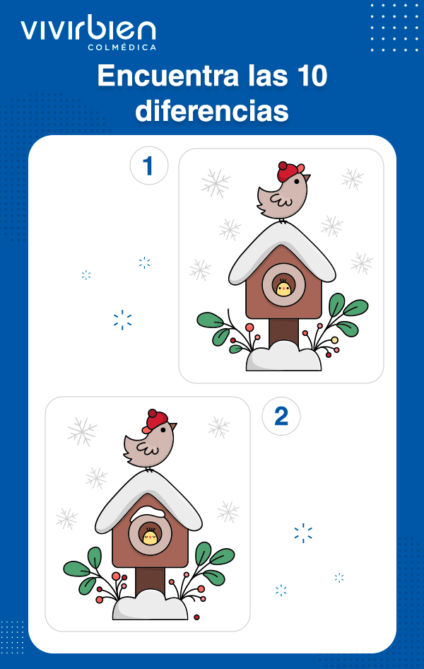 Juego de encontrar las 10 diferencias entre dos ilustraciones de un pájaro en una casa de invierno, usado como ejercicio mental.