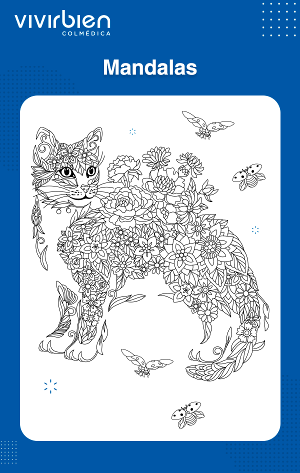 Mandala de gato con flores para colorear como ejercicio mental de atención plena y concentración.