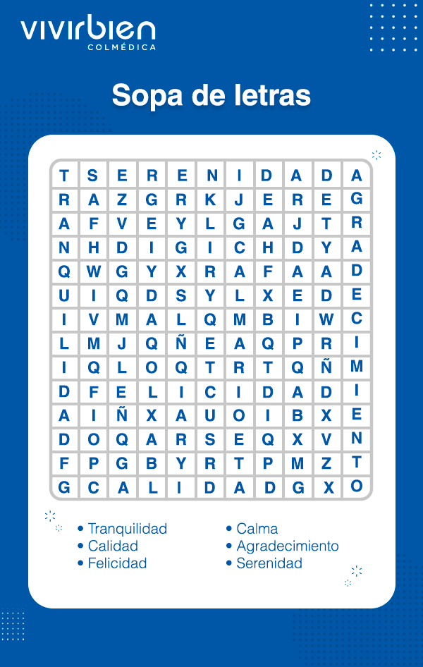 Sopa de letras interactiva con palabras como felicidad, calma y serenidad para realizar ejercicios mentales.