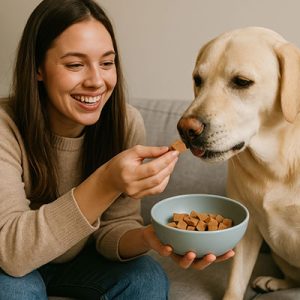 la mujer que alimenta al perro trata felizmente