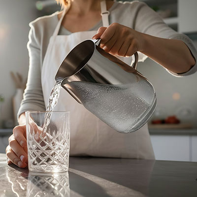 Una persona sirviendo agua desde una jarra metálica en un vaso de cristal para iniciar un test de hidratación y evaluar sus hábitos saludables.