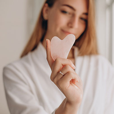 Mujer realizando un ritual de autocuidado femenino con piedra Gua Sha de cuarzo rosa.