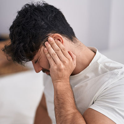 Primer plano de un hombre con expresión de dolor tocándose el oído, ilustrando síntomas de otalgia, tinnitus o pérdida auditiva súbita.