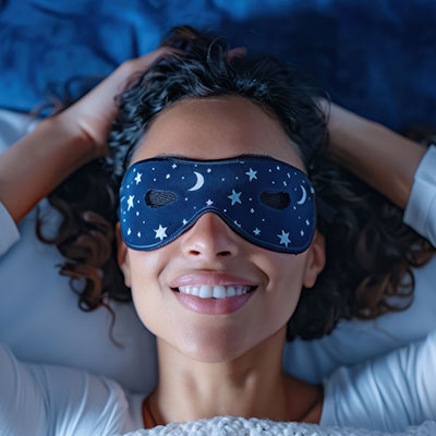 Mujer sonriendo con antifaz para dormir, representando hábitos saludables para regular el ciclo circadiano y el sueño.