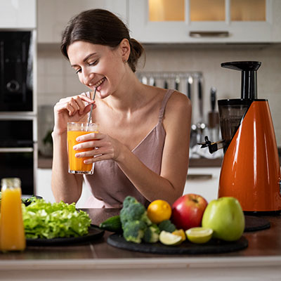 Mujer sonriente tomando un zumo natural rodeada de frutas y vegetales, representando los hábitos para mantener la energía diaria.