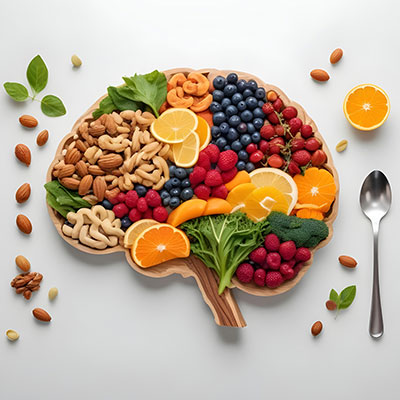 Plato de madera con forma de cerebro humano lleno de frutas, frutos secos y verduras saludables que aportan vitaminas para el cerebro de forma natural.