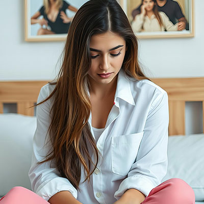 Mujer joven sentada en su cama reflexionando sobre sus hábitos de descanso, representando el cuidado de la salud y el equilibrio hormonal femenino.