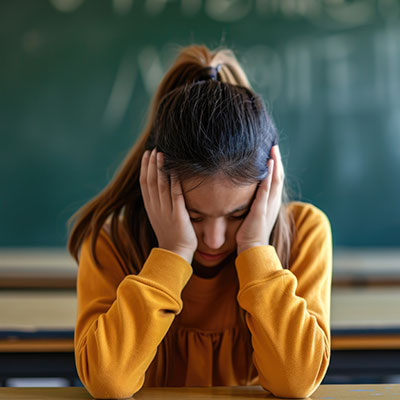 Niña sufriendo de ansiedad escolar con las manos en su cara