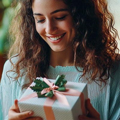 Mujer sonriendo al sostener un regalo de bienestar para celebrar Amor y Amistad