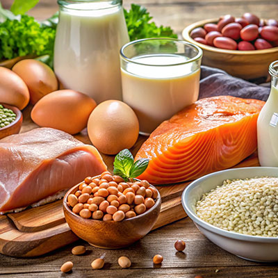 Selección de los mejores alimentos con proteína de origen animal y vegetal como pollo, salmón, huevos, leche y legumbres en una mesa.